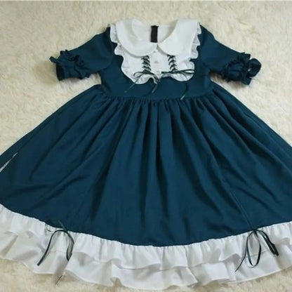 Japanese Kawaii Peter Pan Collar Lolita Dresses Patchwork Bowknot Ruffles Sweet Vestido Princess Party Femme Robe