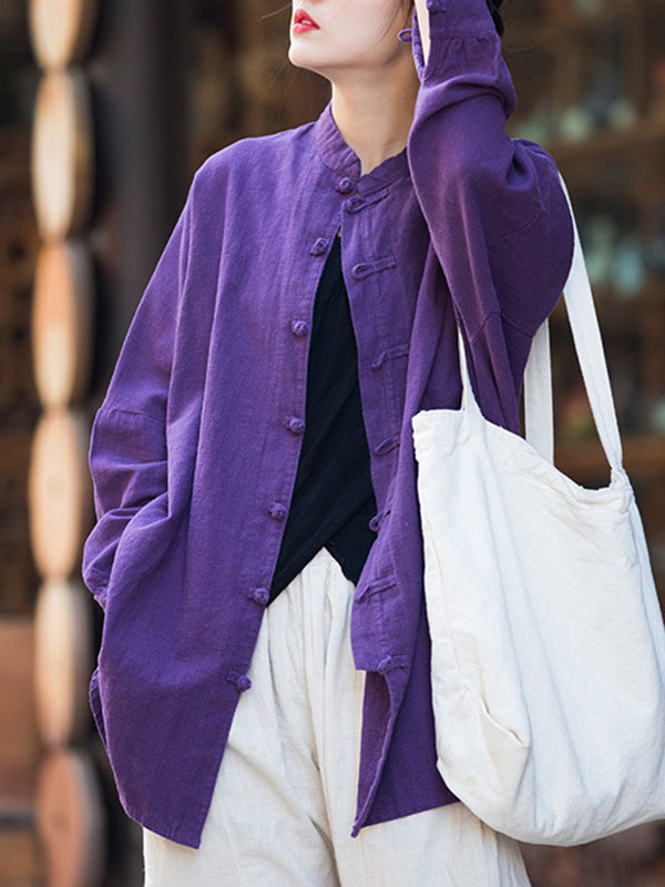 Batwing Sleeves Loose Chinese Frog Buttons Pleated Color Split-joint Stand Collar Blouses
