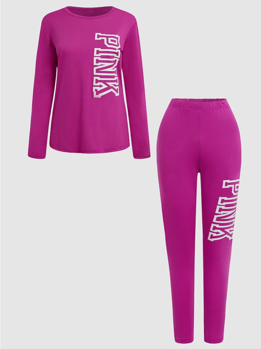 4xl 5xl Pink Letter Print Pocket Design Pants Set New Round Neck Long Sleeve 2pcs Two Pieces Outfit for Lady