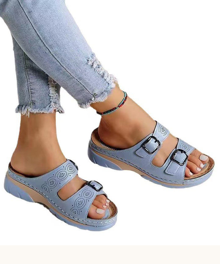 Splicing Wedge Yellow Slide Sandals Hollow Out Peep Toe Uu016