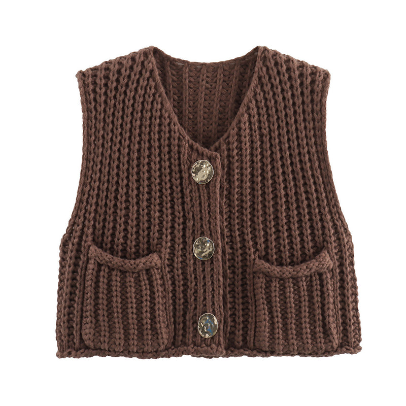 Large Buttons Color Knit Vest Cardigan