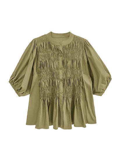 Loose Puff Sleeves Pleated Color Round-neck Blouses&shirts Tops