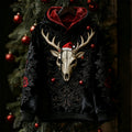 Comstylish Gothic Dark Christmas Reindeer Skull Floral Cozy Plush Hoodie
