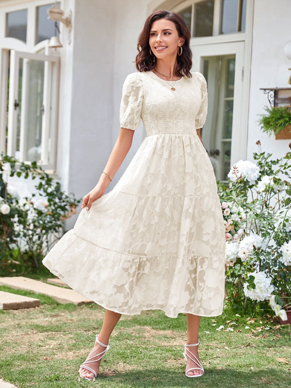 Summer Midi Dress Ecru White Jewel Neck Lace Beach Dress