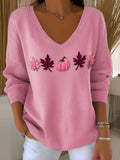 Women's Casual Pink Maple Leaf Pumpkin Striped Autumn And Winter Bottoming Shirt artswardrobe