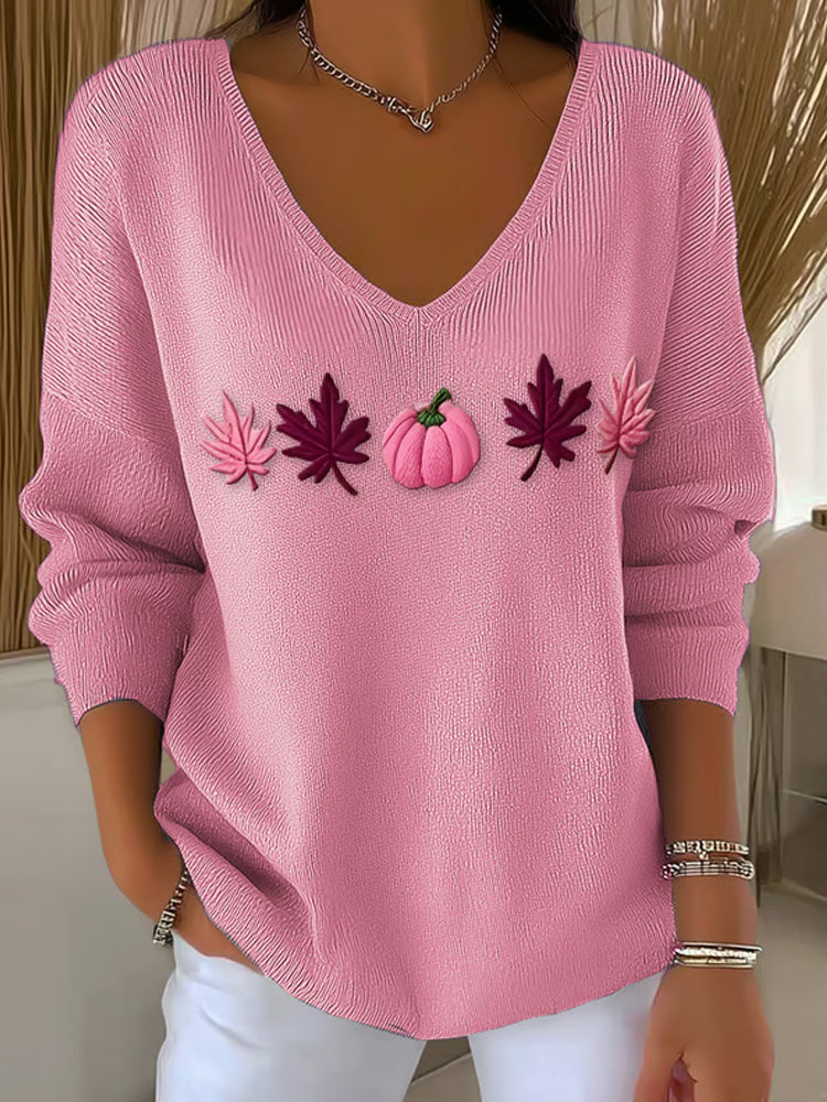 Women's Casual Pink Maple Leaf Pumpkin Striped Autumn And Winter Bottoming Shirt artswardrobe