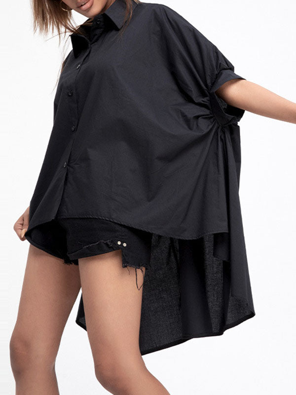 Batwing Sleeves High-low Color Lapel Blouses&shirts Tops