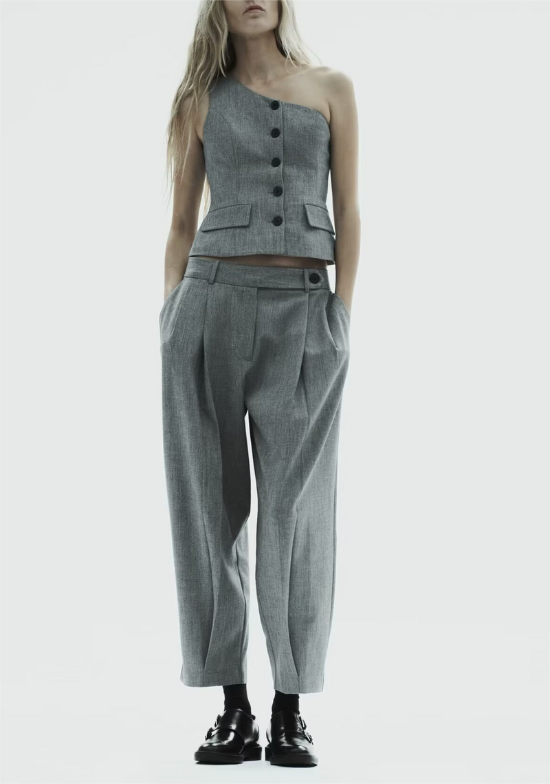 Asymmetric Vest Pleated Design Skinny Pant Set – Stylish and Outfit for