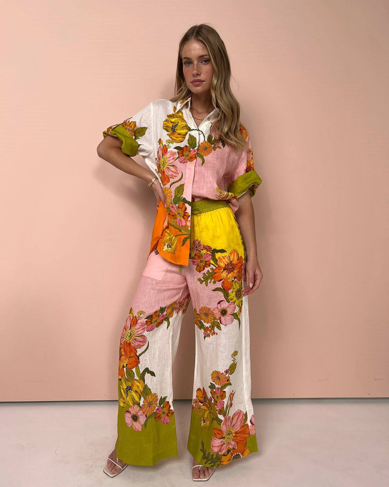 Printed Cotton Linen Two-piece Suit Outfit Top Wide Leg Pants – Stylish Set