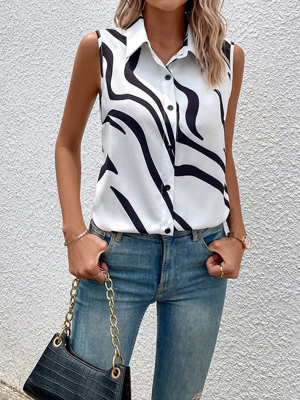 Loose Sleeveless Buttoned Printed Lapel Blouses&shirts Tops