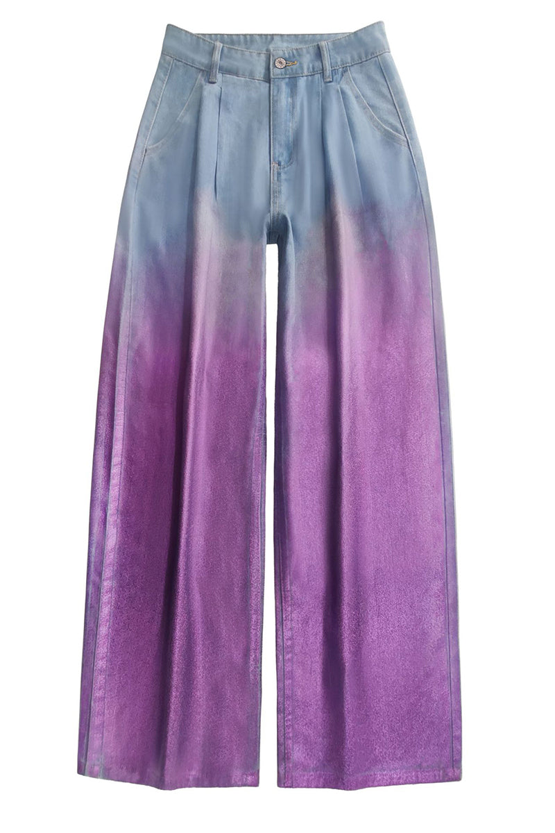 Street Gradient Print Pocket Sequined Contrast High Waist Loose Denim Jeans
