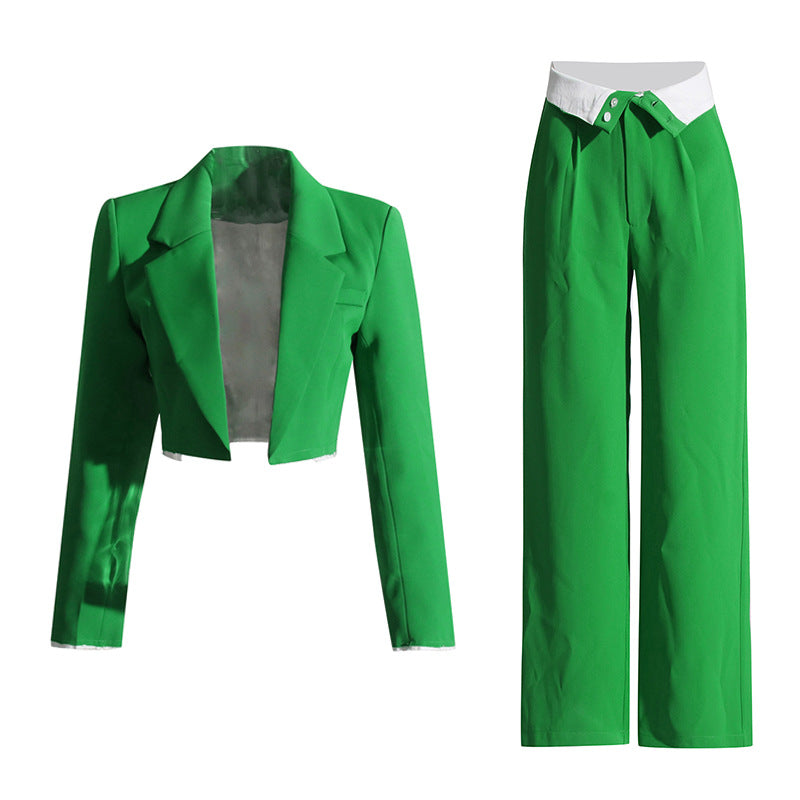 Autumn Short Blazer Flanging High Waist Straight Pants Suit Two Piece Set – Fall Outfit