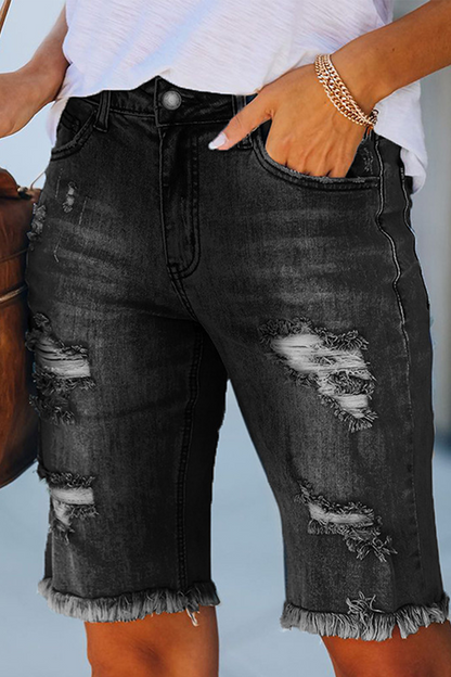 Ripped High Waist Straight Denim Shorts