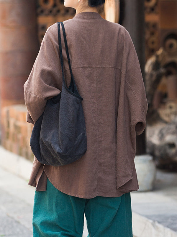 Batwing Sleeves Loose Chinese Frog Buttons Pleated Color Split-joint Stand Collar Blouses