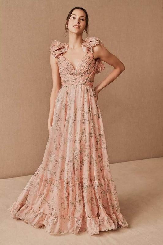 Ginny Printed Ruffle Lace Up Chiffon Maxi Dress