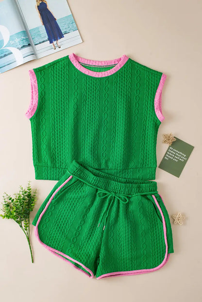 Vibrant Green Color Block Textured Shorts Set