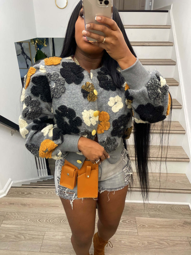 Autumn Winter Retro Three Dimensional Loose Single Breasted Cardigan Short Coat Trend Clip 3d Rose