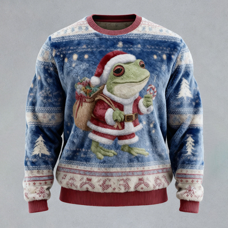 Comstylish Men's Fun Christmas Frog And Candy Cane Comfortable Crew Neck Plush Sweatshirt