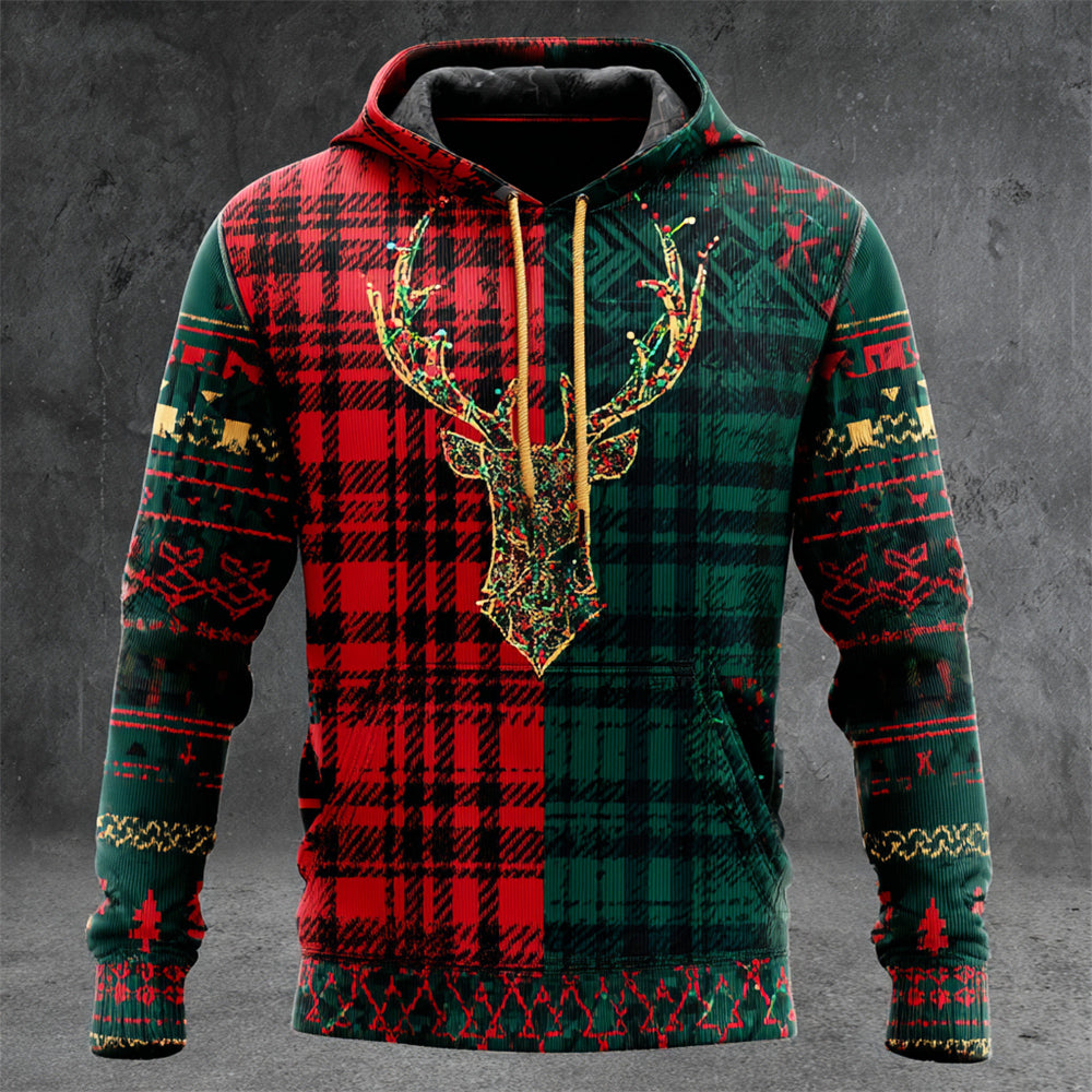 Comstylish Christmas Elk & Plaid Art Men's Knit Hooded Sweatshirt