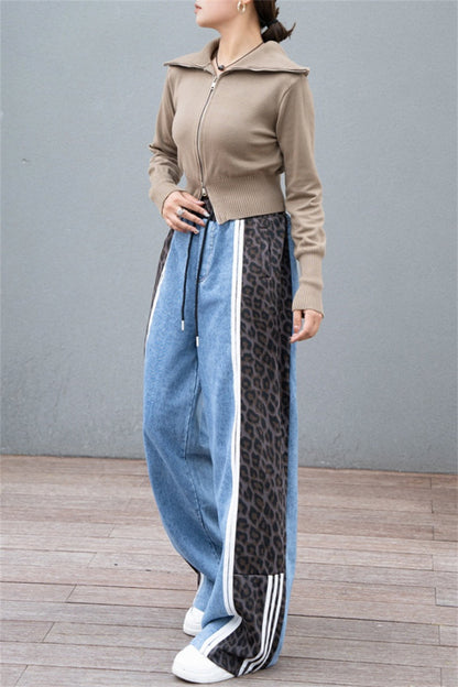 Leopard Print Patchwork High Waist Straight Denim Jeans