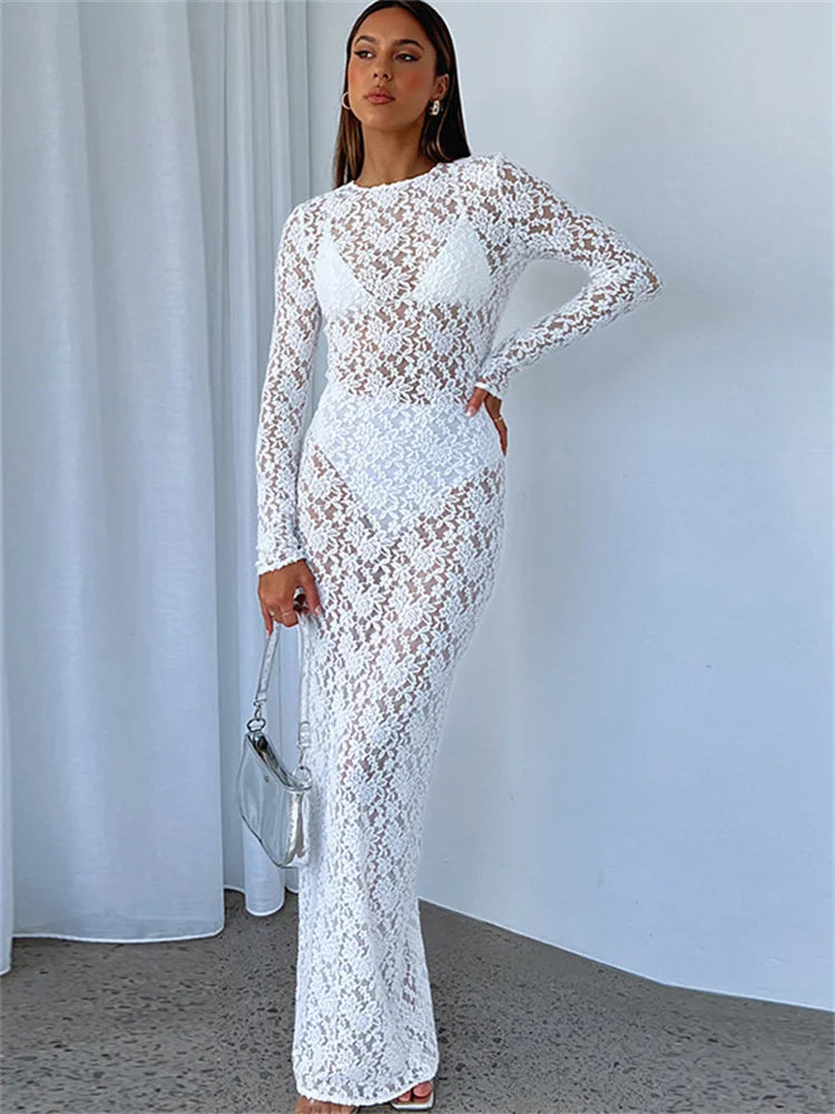 Tossy Lace See-through Printed Long Dress Female Hollow Out Slim High Waist Dress Club Clothes Maxi Dress