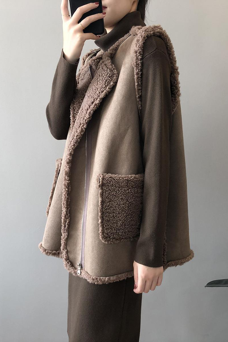Pocket Patchwork Fluffy O Neck Waistcoats
