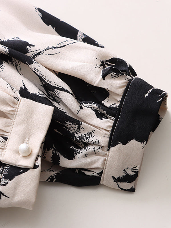 Loose Puff Sleeves Printed V-neck Blouses&shirts Tops