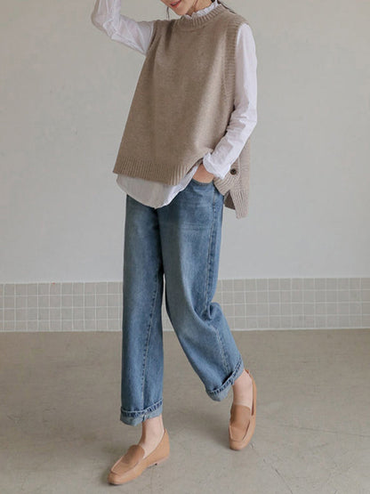 Simple Sleeveless Loose Buttoned Color Round-neck Sweater Vest Outerwear
