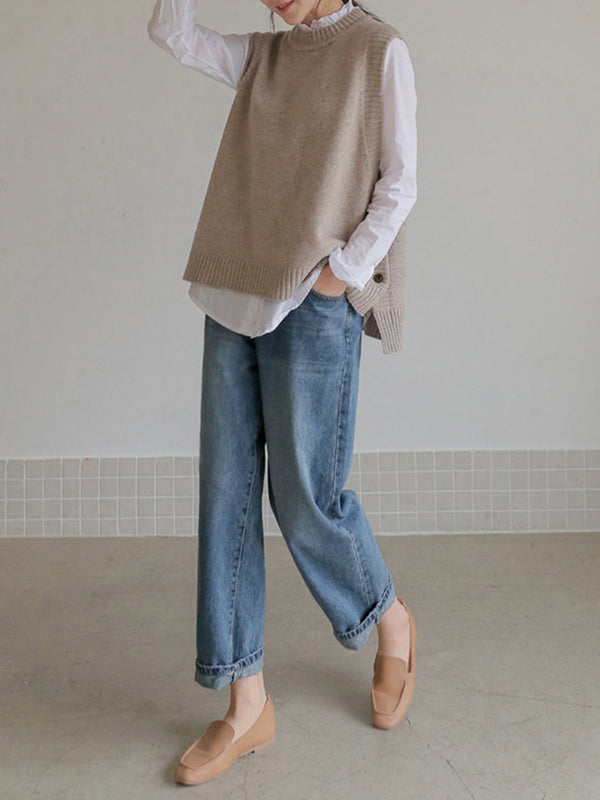 Simple Sleeveless Loose Buttoned Color Round-neck Sweater Vest Outerwear