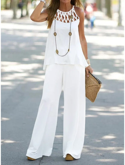 Autumn Spring Mesh Irregular Asymmetric Top Wide Leg Pants Two Piece Set