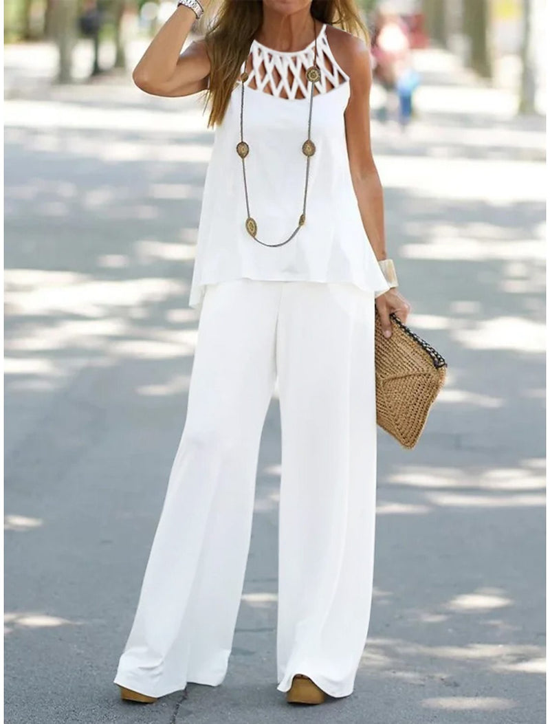 Autumn Spring Mesh Irregular Asymmetric Top Wide Leg Pants Two Piece Set