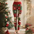 Comstylish Women's Vintage Christmas Patchwork Print Casual Leggings
