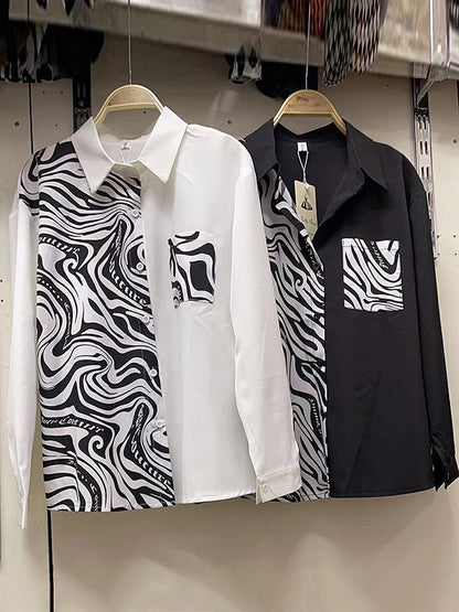 Long Sleeves Loose Asymmetric Buttoned Zebra-stripe Lapel Blouses&shirts Tops