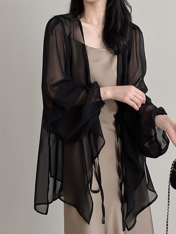Bishop Sleeve Long Sleeves See-through Split-joint Tied Collarless Blouses&shirts Tops