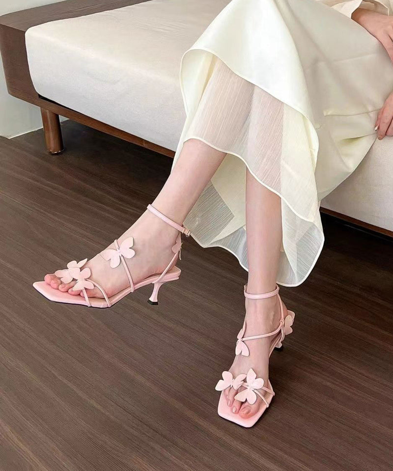 French White Butterfly Splicing Buckle Strap Stiletto Sandals Peep Toe Oi072