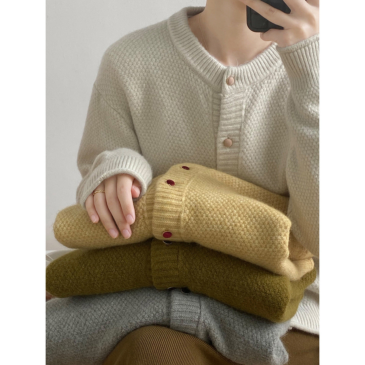 Lazy Round Neck Knitted Sweater for Autumn Minimalist Long Sleeve Loose Cardigan Coat
