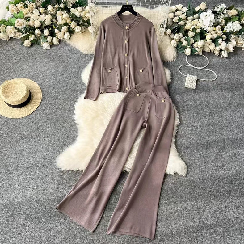 Knitted Cardigan Top Spring Autumn High End Sweater Jacket High Waist Slimming Wide Leg Pants Suit