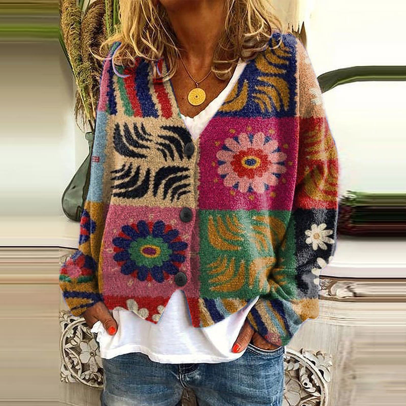 Vintage Printed V-Neck Long Sleeved Knitted Cardigan elevenforest