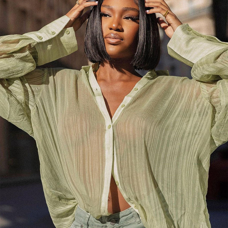 Hollow Out Cutout Loose Cardigan: Sheer Long Sleeve ’s Shirt
