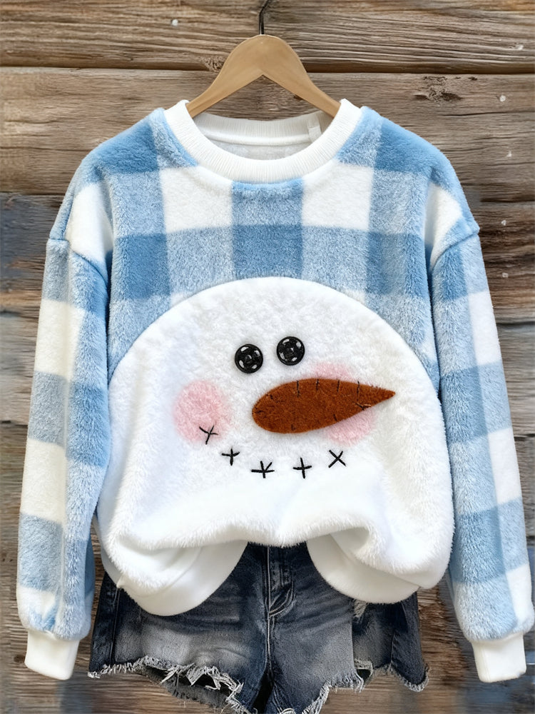 Lovely Snowman Contrast Check Pattern Cozy Plush Sweatshirt