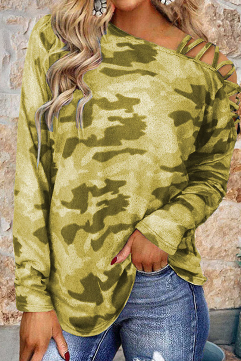 Camouflage Print Patchwork Oblique Collar T-shirts(4 Colors)