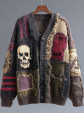 Halloween Vintage Skull Patchwork V Neck Cozy Cardigan artswardrobe