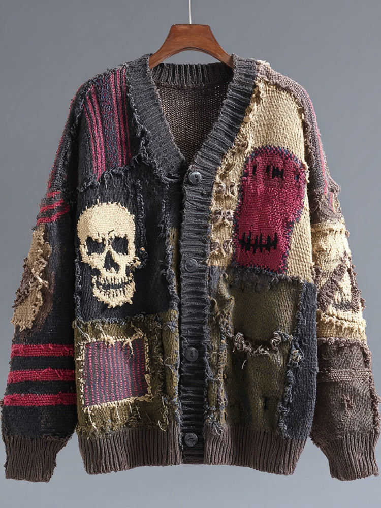 Halloween Vintage Skull Patchwork V Neck Cozy Cardigan artswardrobe