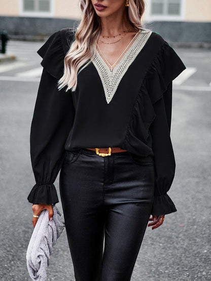 Long Sleeves Loose Asymmetric Hollow V-neck Blouses&shirts Tops