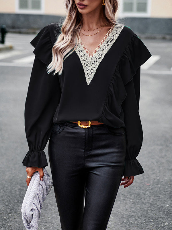 Long Sleeves Loose Asymmetric Hollow V-neck Blouses&shirts Tops