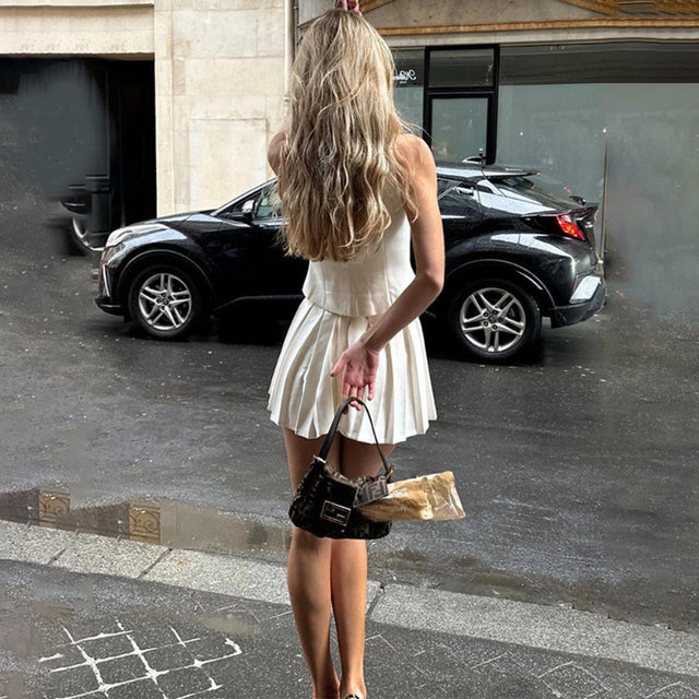 Trauxy Pleated Skirt Suit for Lapel Sleeveless Vest Top Two Pieces Sets High Waist Mini Skirts Female Outfits