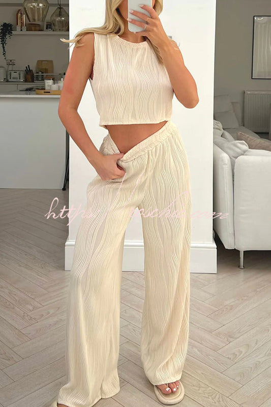 Color Water Wave Crew Neck Tank Top and Elastic Waist Straight Pants Set