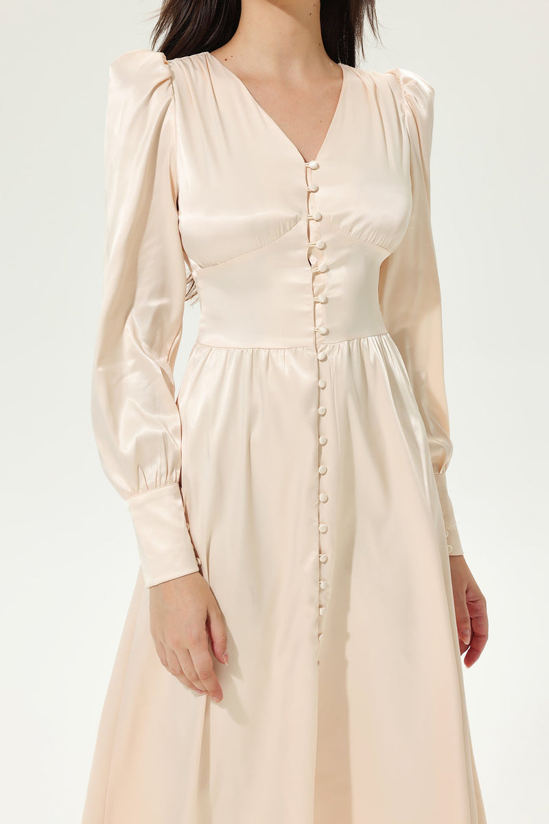 Lantern Sleeve V-neck Buttoned Midi Dress White