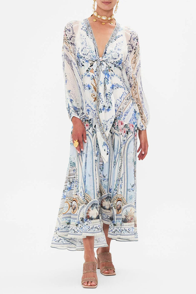 V-neck Lantern Sleeve Midi Dress