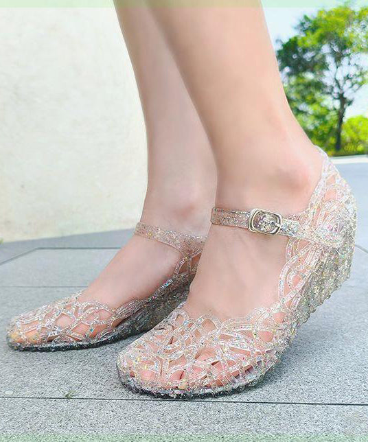 New Black Crystal Hollowed Out Wedge Heel Sandals Aa005
